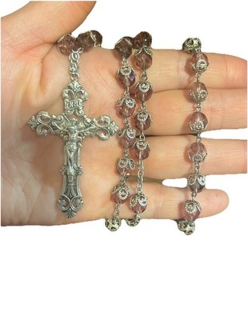 Vintage Sterling Silver capped Purple Stone Rosary. 26 Inches.